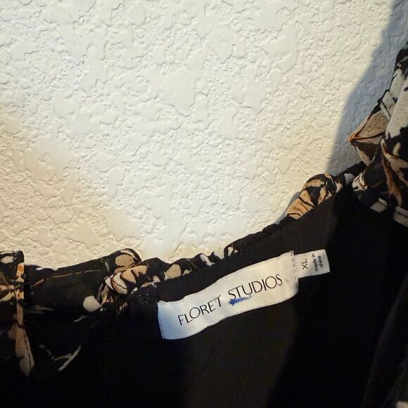 Floret Studios Black Floral Ruched Ruffle Short Sleeve Midi Dress Womens Size XL - Picture 6 of 7